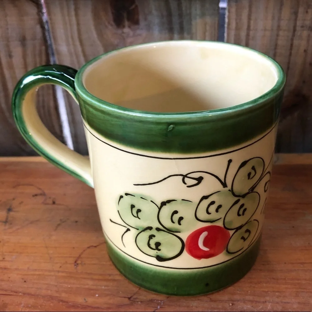 Pier 1 Hand Painted Green Cherries Large Ceramic Mug